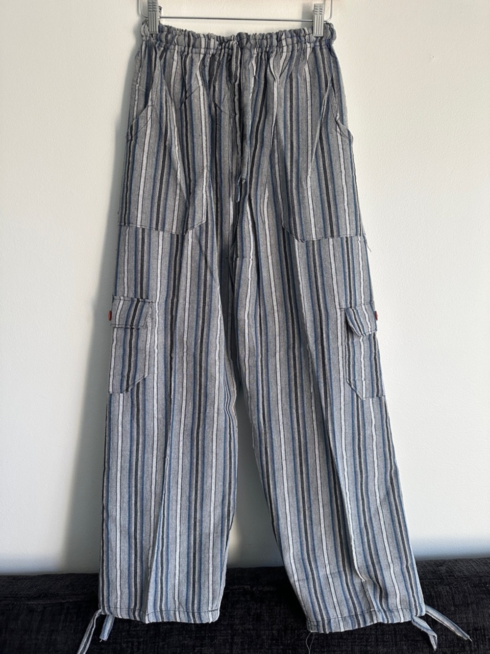 Peru/Ecuador Handmade Cotton Gray Blue Unisex Boho Striped Pants‎ Joggers Large
